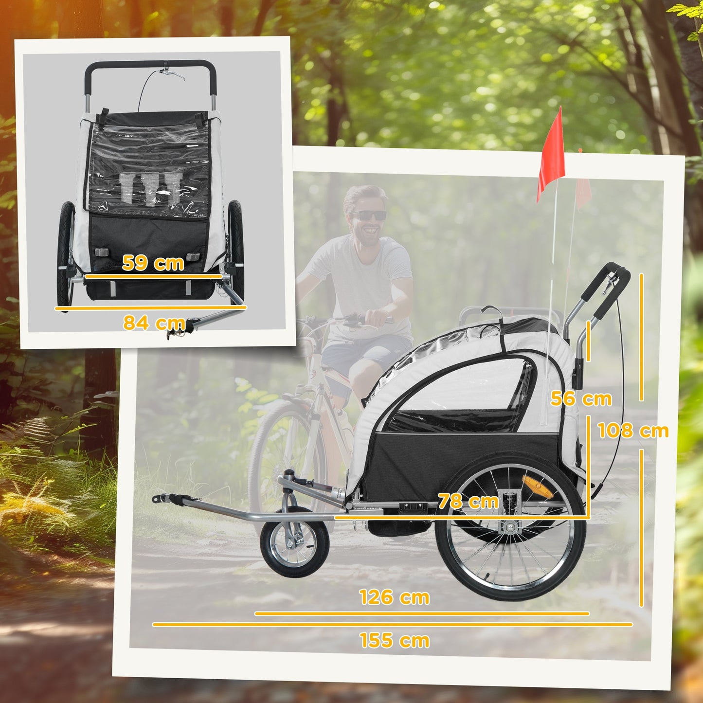 HOMCOM 2 Seat Bike Trailer with 5 Point Harness, for 18+ Months, Black