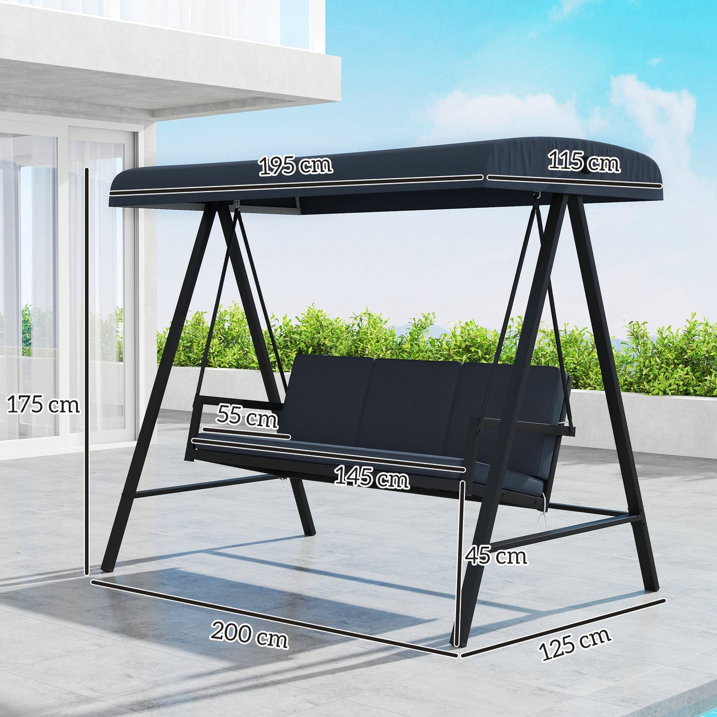 Outsunny 3 Seater Garden Swing Chair with Adjustable Canopy, Dark Grey