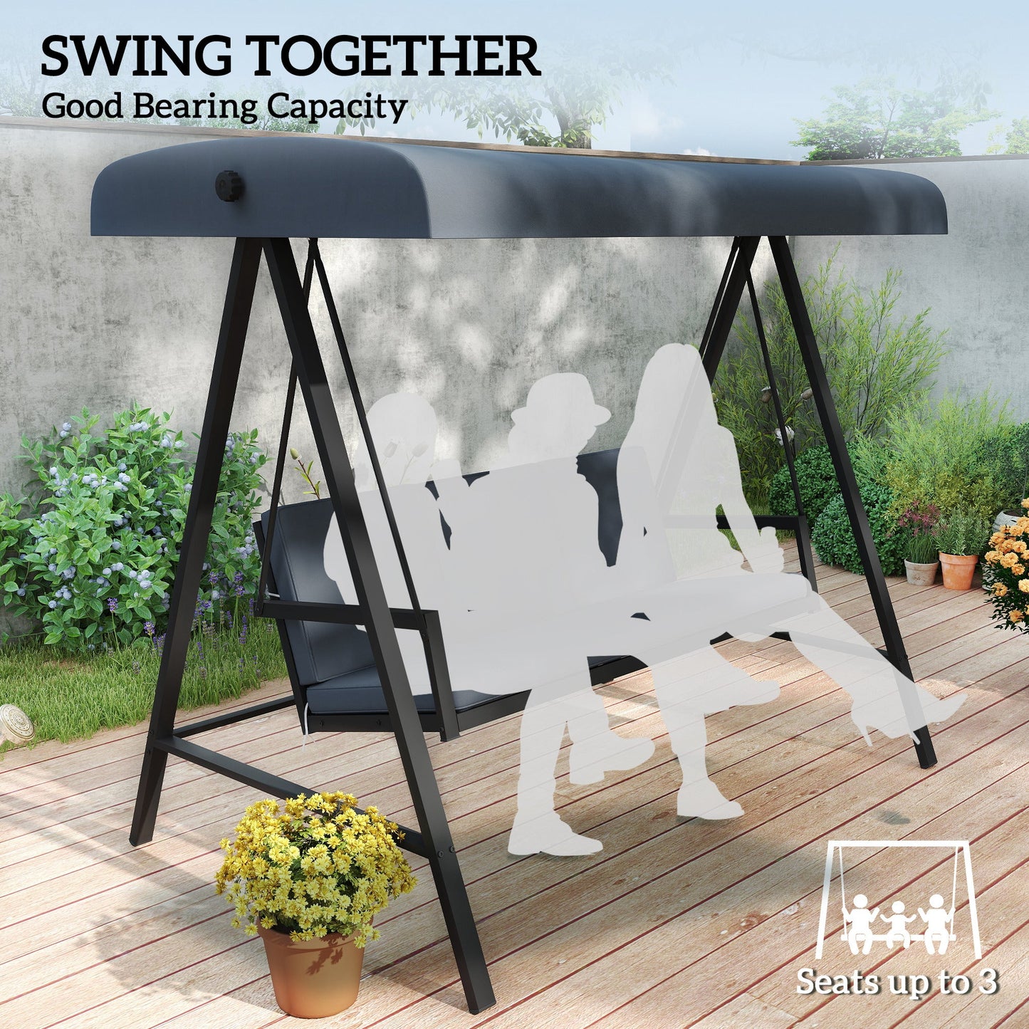Outsunny 3 Seater Garden Swing Chair with Adjustable Canopy, Dark Grey