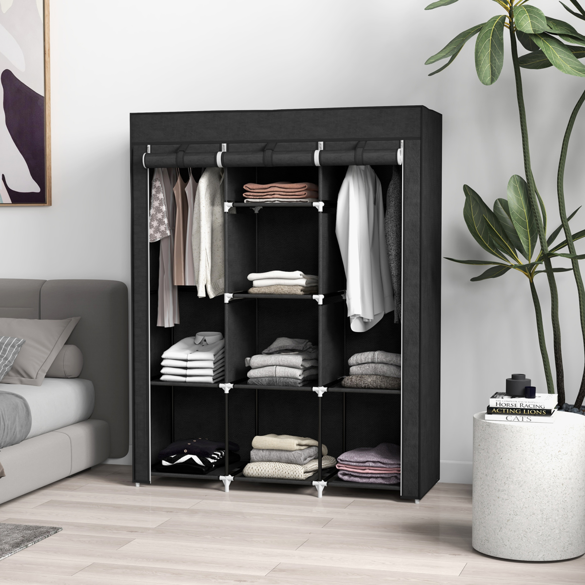 HOMCOM Fabric Portable Wardrobe with 8 Shelves 2 Hanging Rails
