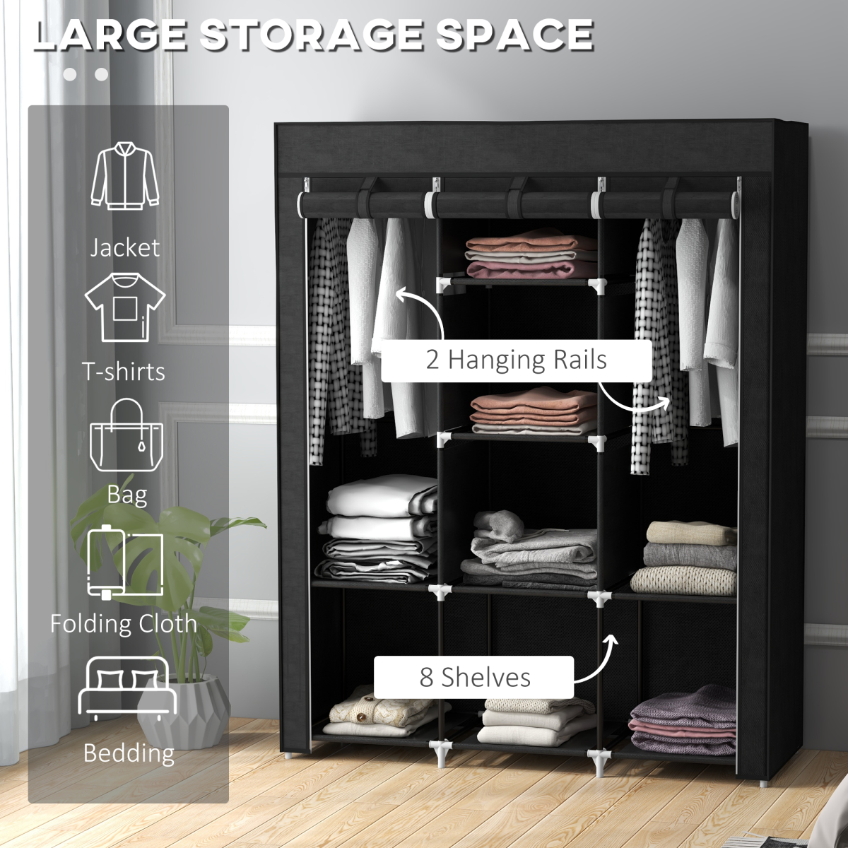 HOMCOM Fabric Portable Wardrobe with 8 Shelves 2 Hanging Rails
