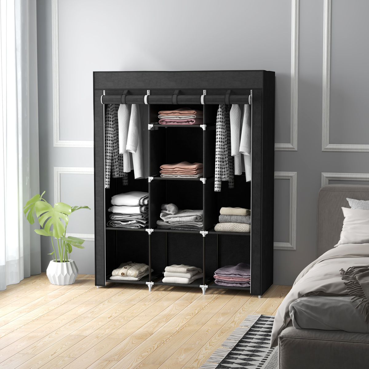 HOMCOM Fabric Portable Wardrobe with 8 Shelves 2 Hanging Rails