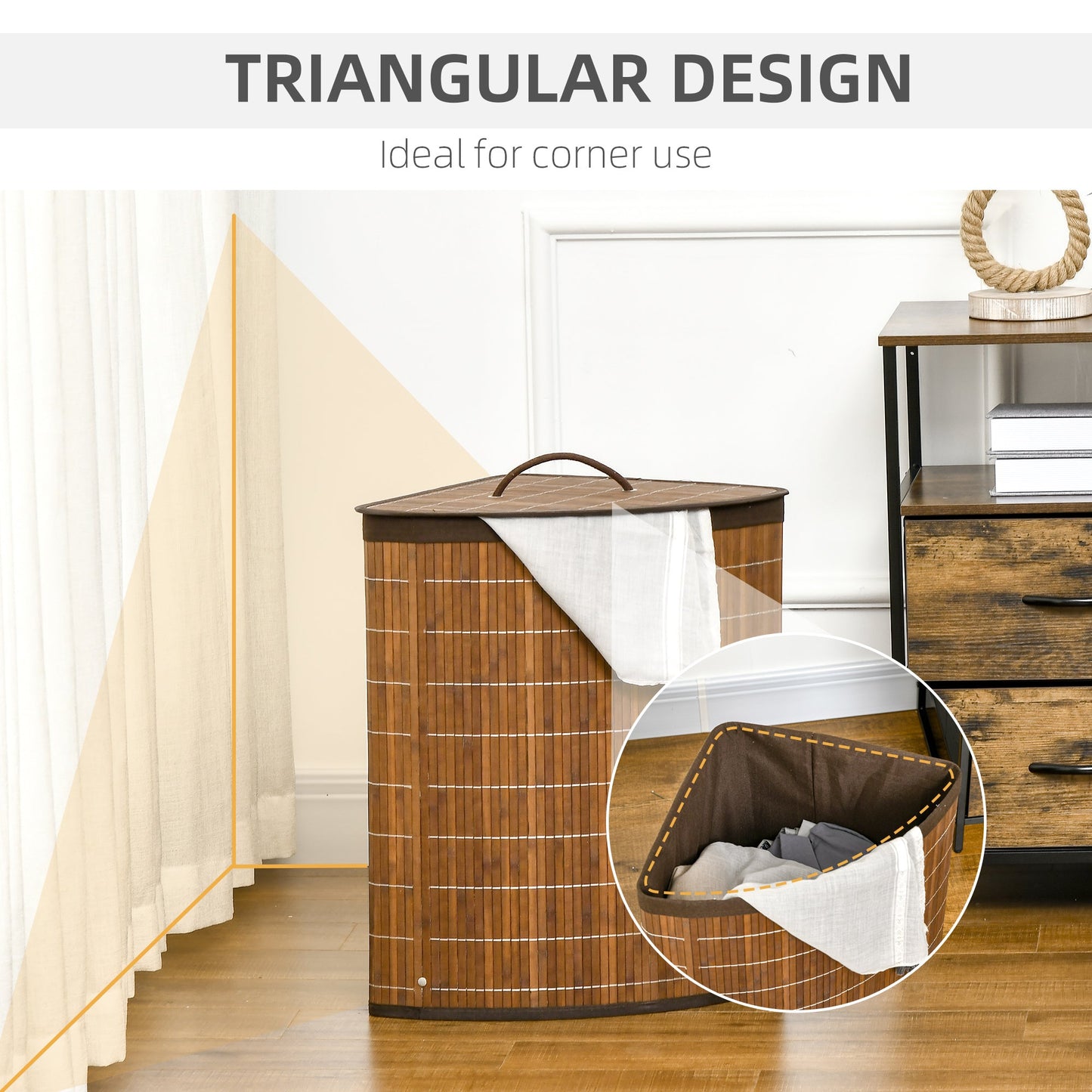 HOMCOM 55L Bamboo Corner Laundry Hamper Bamboo Laundry Basket Brown
