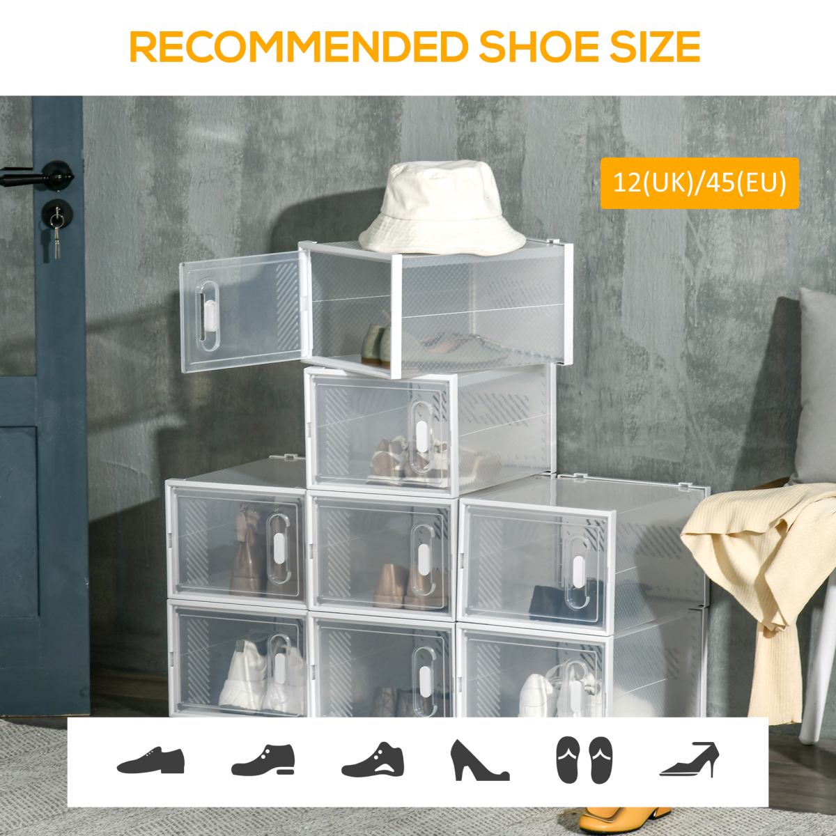 HOMCOM 8PCS Stackable Clear Plastic Shoe Storage Box for UK/EU Size 8.5/43