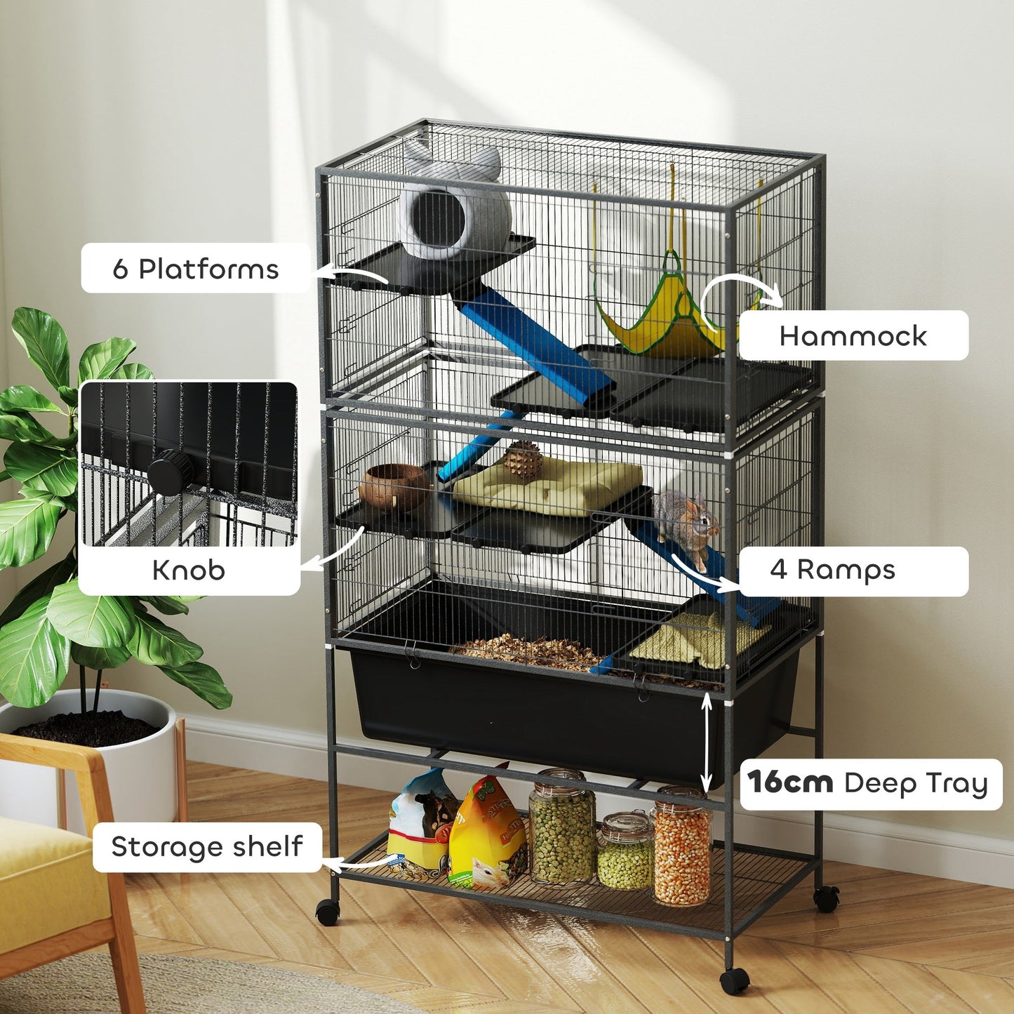 PawHut 5 Levels Rolling Small Animal Cage with Non Slip Cloth Covered Ramps