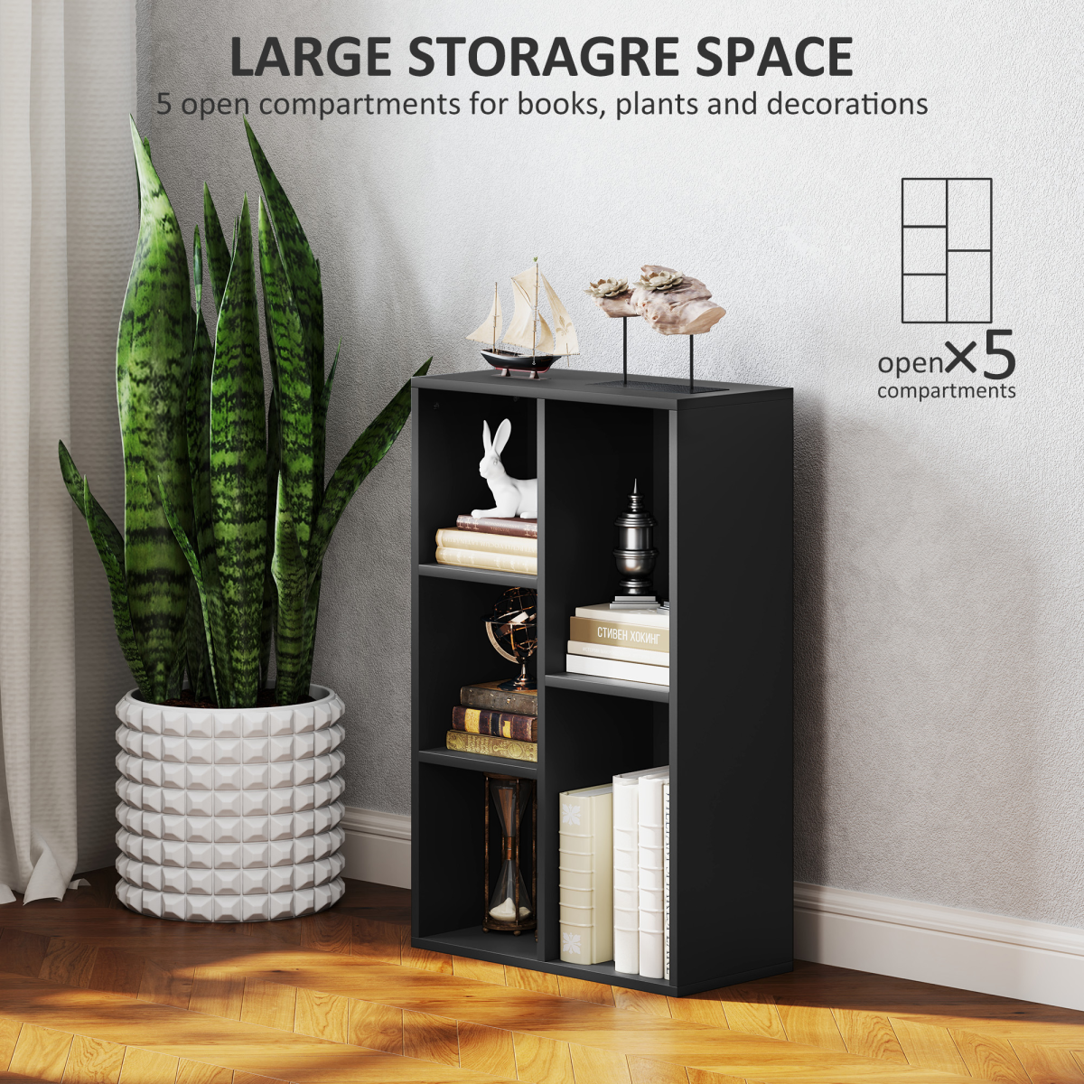 HOMCOM 2-Tier Bookshelf with 5 Open Storage Compartments