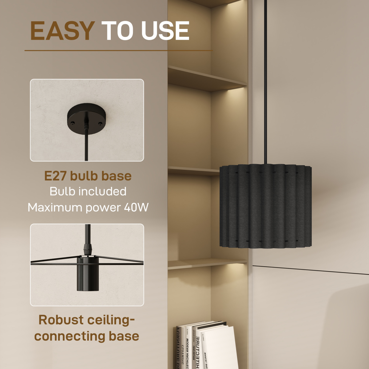 HOMCOM Linen Pendant Light, E27 Lampshade for Living Room, Bedroom