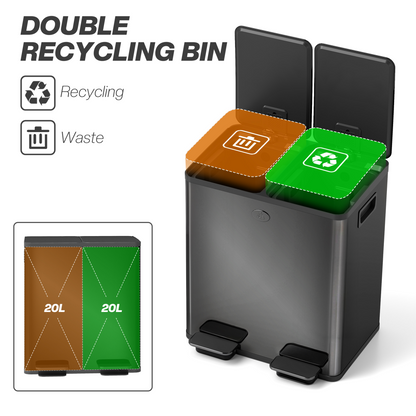 HOMCOM 2 x 20L Dual Kitchen Bin Pedal Bin for Recycling and Waste