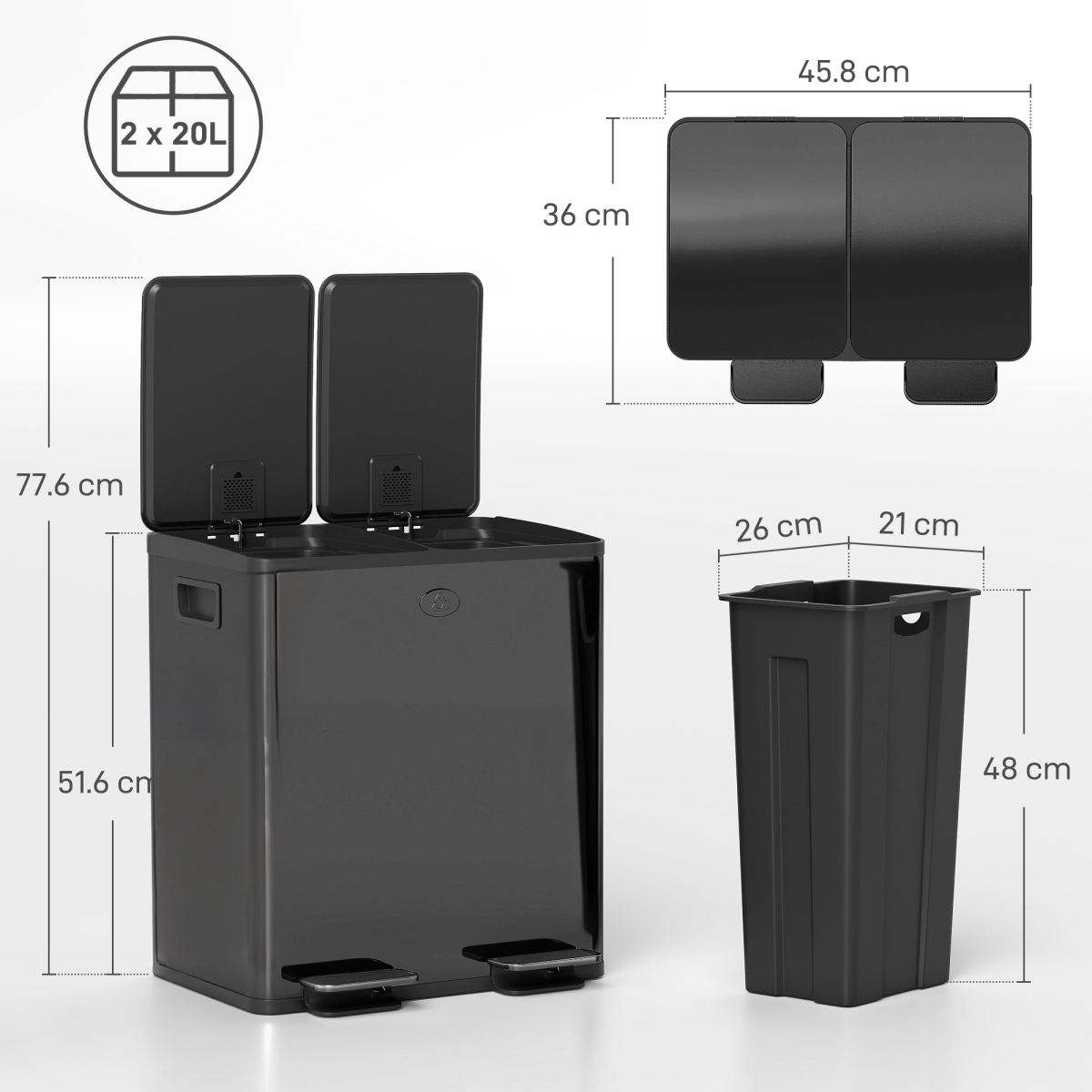 HOMCOM 2 x 20L Dual Kitchen Bin Pedal Bin for Recycling and Waste