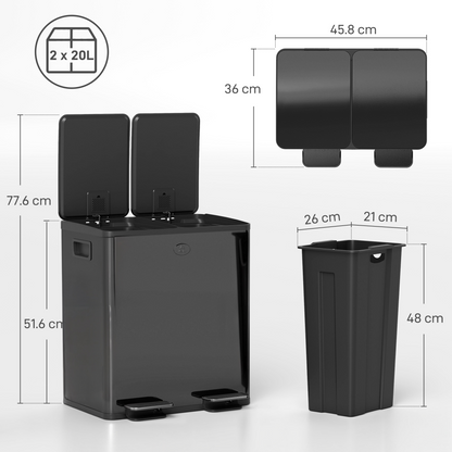 HOMCOM 2 x 20L Dual Kitchen Bin Pedal Bin for Recycling and Waste