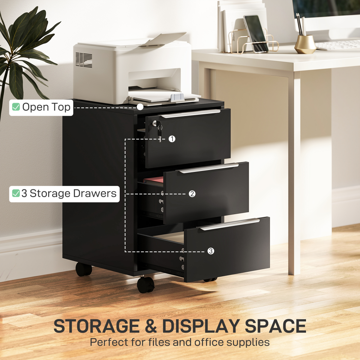 HOMCOM Modern 3-Drawer Locking File Cabinet Mobile Filing Cabinet