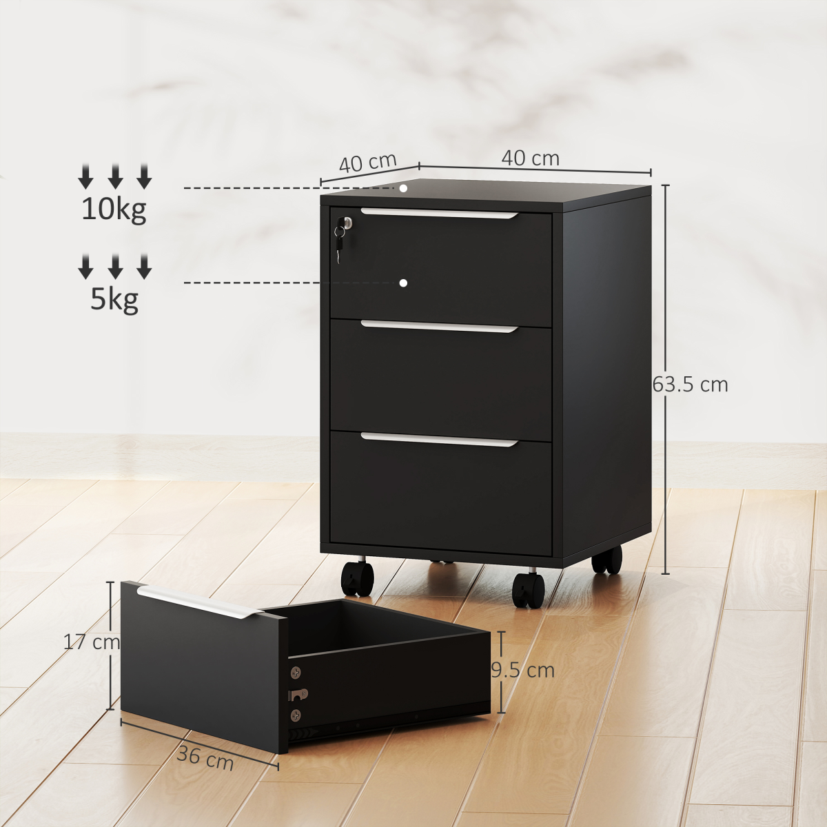 HOMCOM Modern 3-Drawer Locking File Cabinet Mobile Filing Cabinet