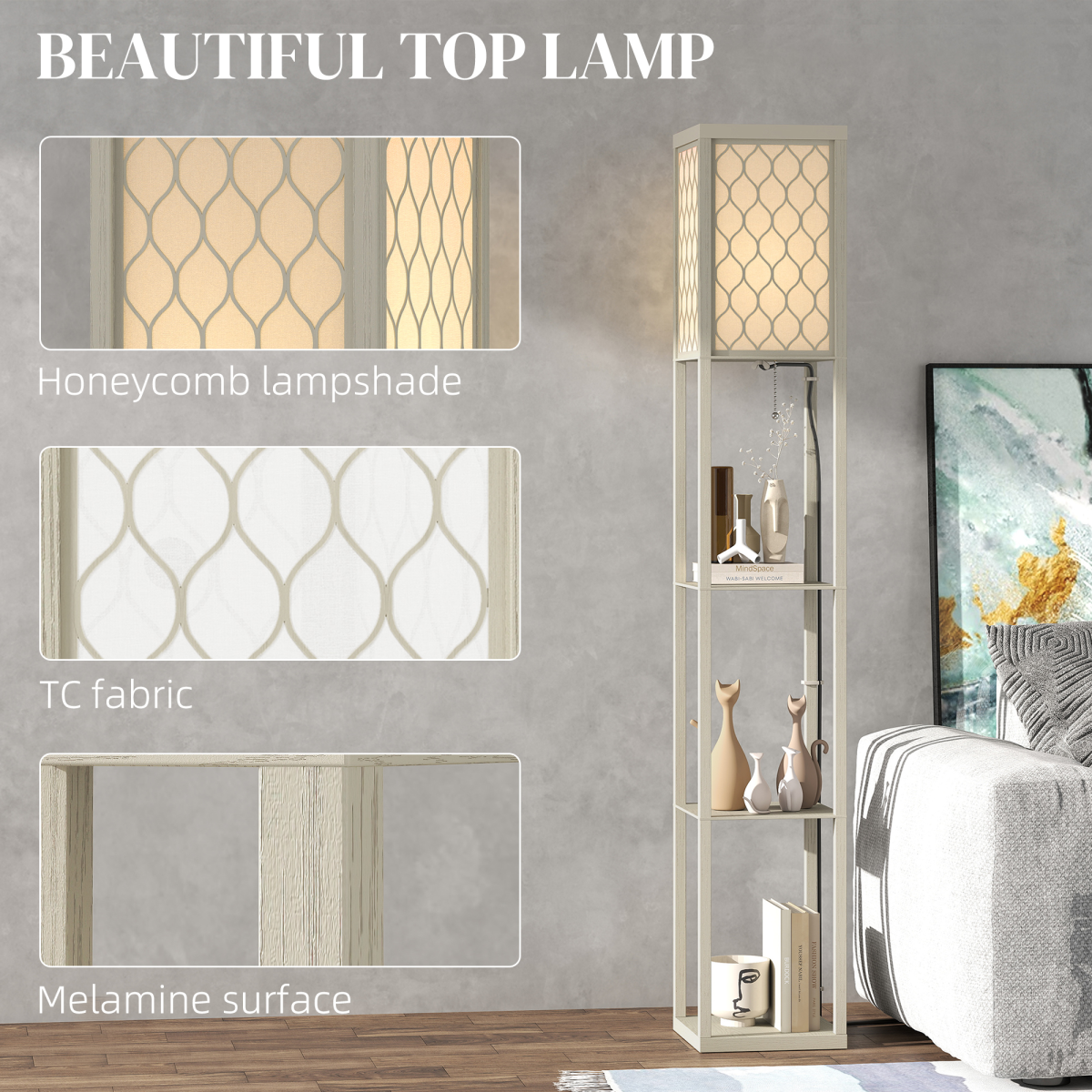 HOMCOM Modern Floor Lamp Light with 3 Shelves Fabric Lampshade