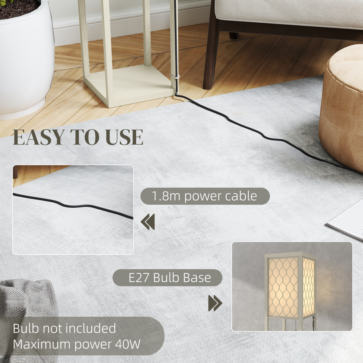 HOMCOM Modern Floor Lamp Light with 3 Shelves Fabric Lampshade