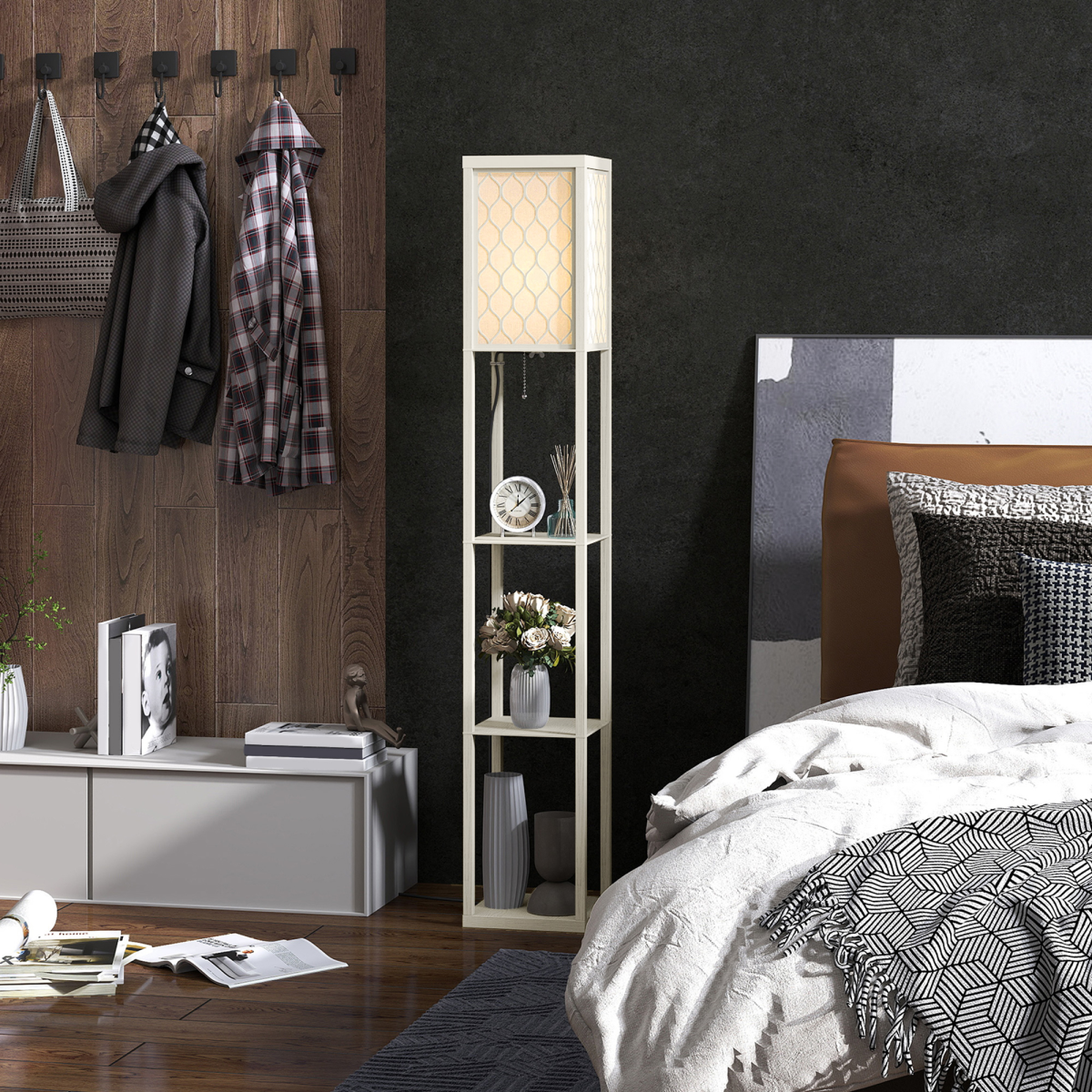 HOMCOM Modern Floor Lamp Light with 3 Shelves Fabric Lampshade