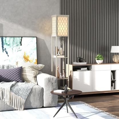 HOMCOM Modern Floor Lamp Light with 3 Shelves Fabric Lampshade