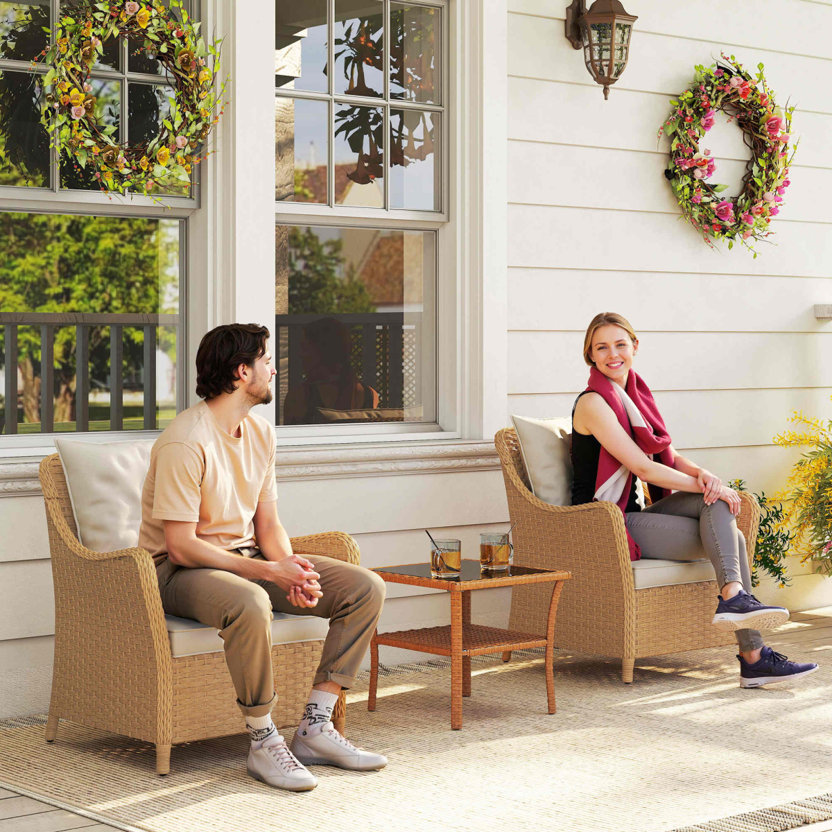 Outsunny 2 Pieces Rattan Garden Chairs, Cushioned Rattan Chairs