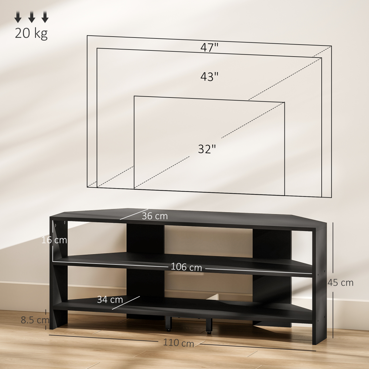 HOMCOM Corner TV Stand, TV Unit with Open Shelves for 47 Inch TV