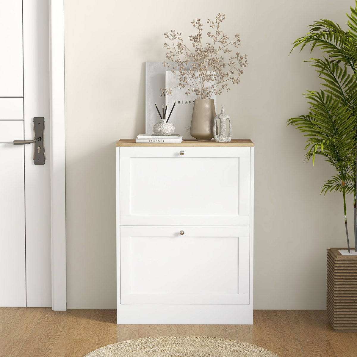 HOMCOM 2 Flip Drawer Narrow Shoe Cabinet with Adjustable Shelves