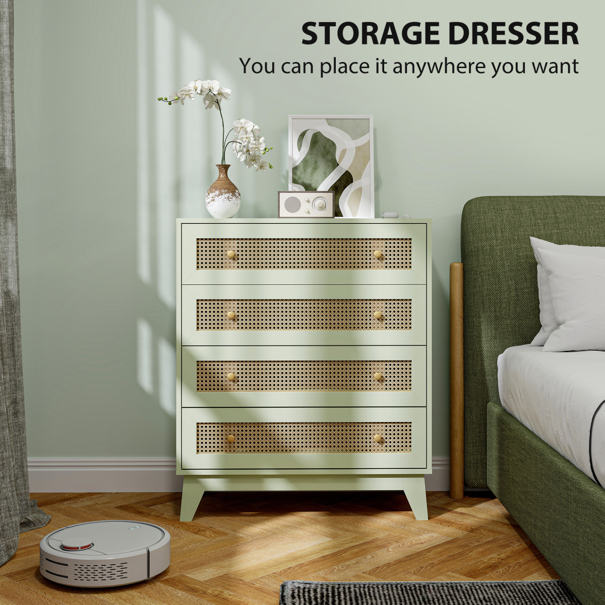 HOMCOM Chest of Drawers, 4 Drawer Unit Storage Organiser with Rattan Element