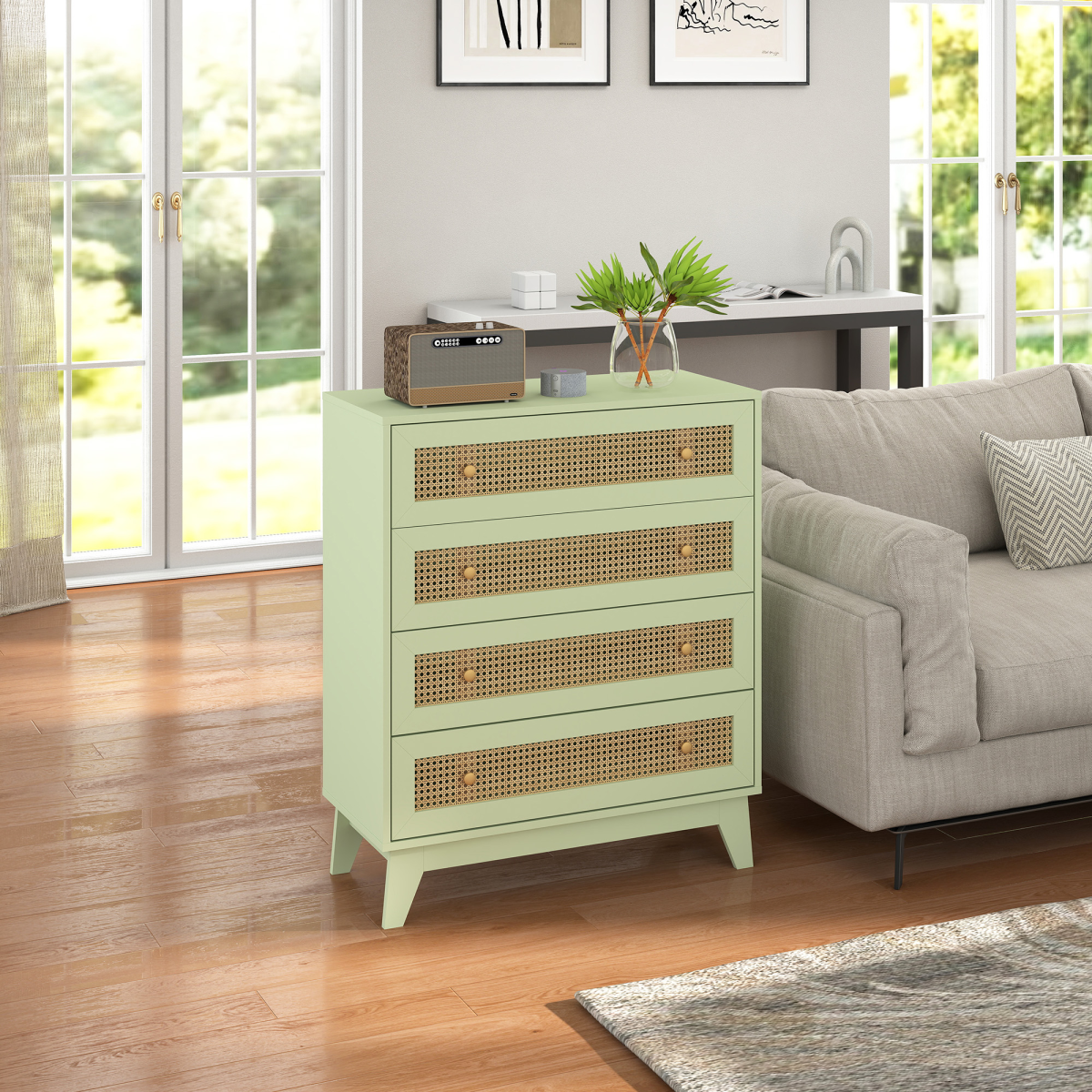 HOMCOM Chest of Drawers, 4 Drawer Unit Storage Organiser with Rattan Element