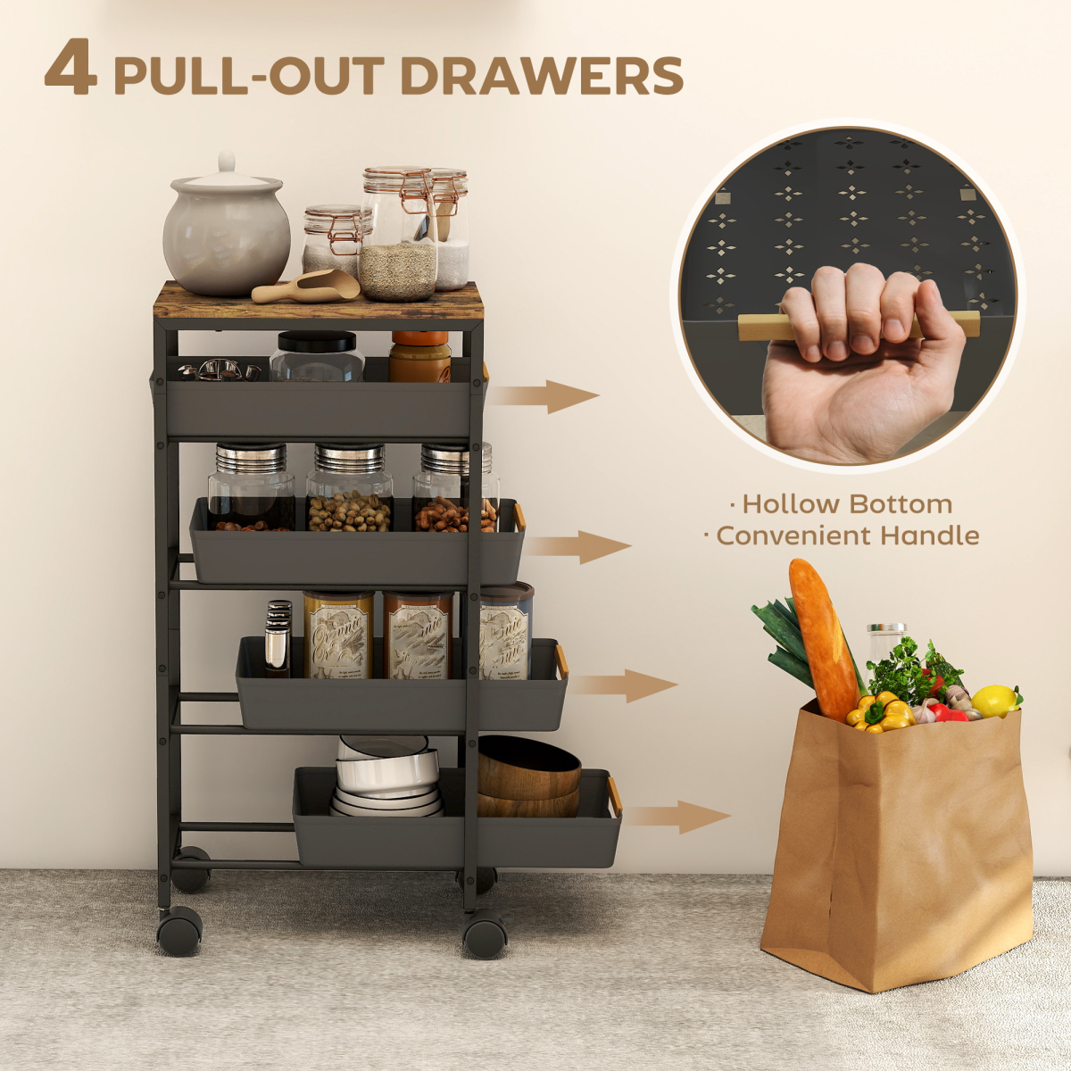 HOMCOM Kitchen Storage Trolley Mobile Utility Cart for Kitchen Office