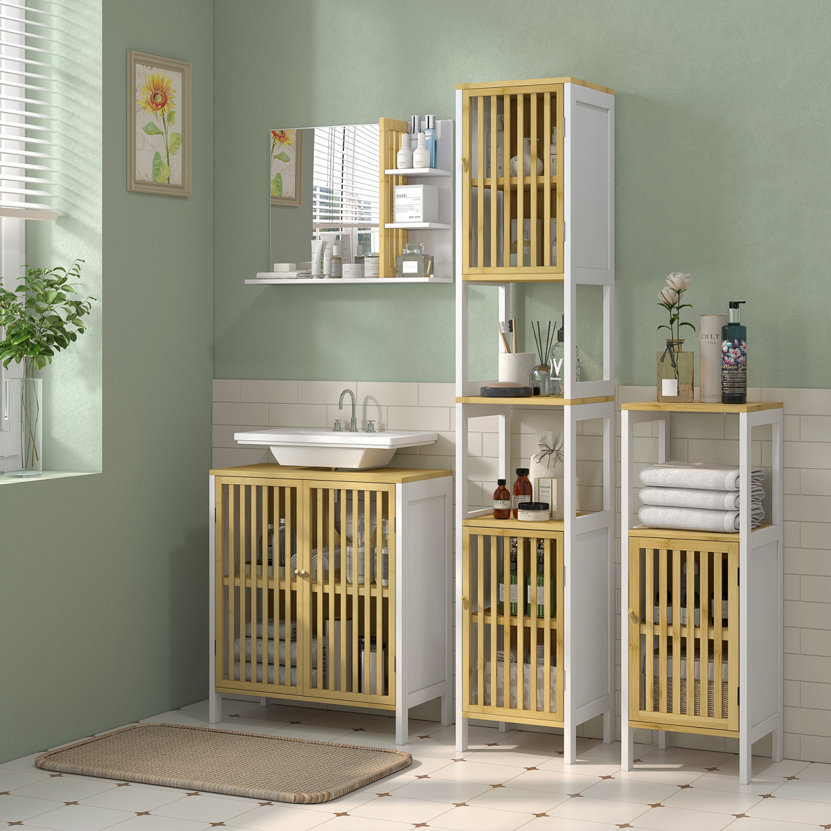 HOMCOM Under Sink Bathroom Cabinet, Bamboo Sink Storage Cabinet Slat Doors