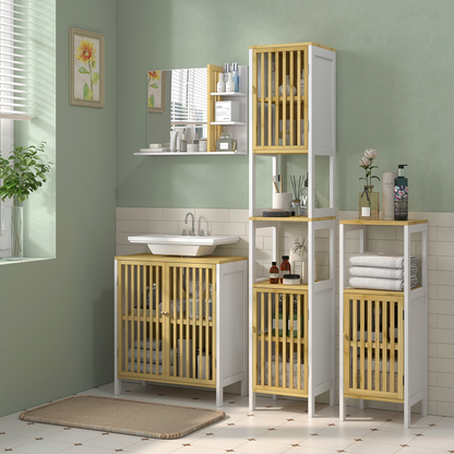 HOMCOM Under Sink Bathroom Cabinet, Bamboo Sink Storage Cabinet Slat Doors