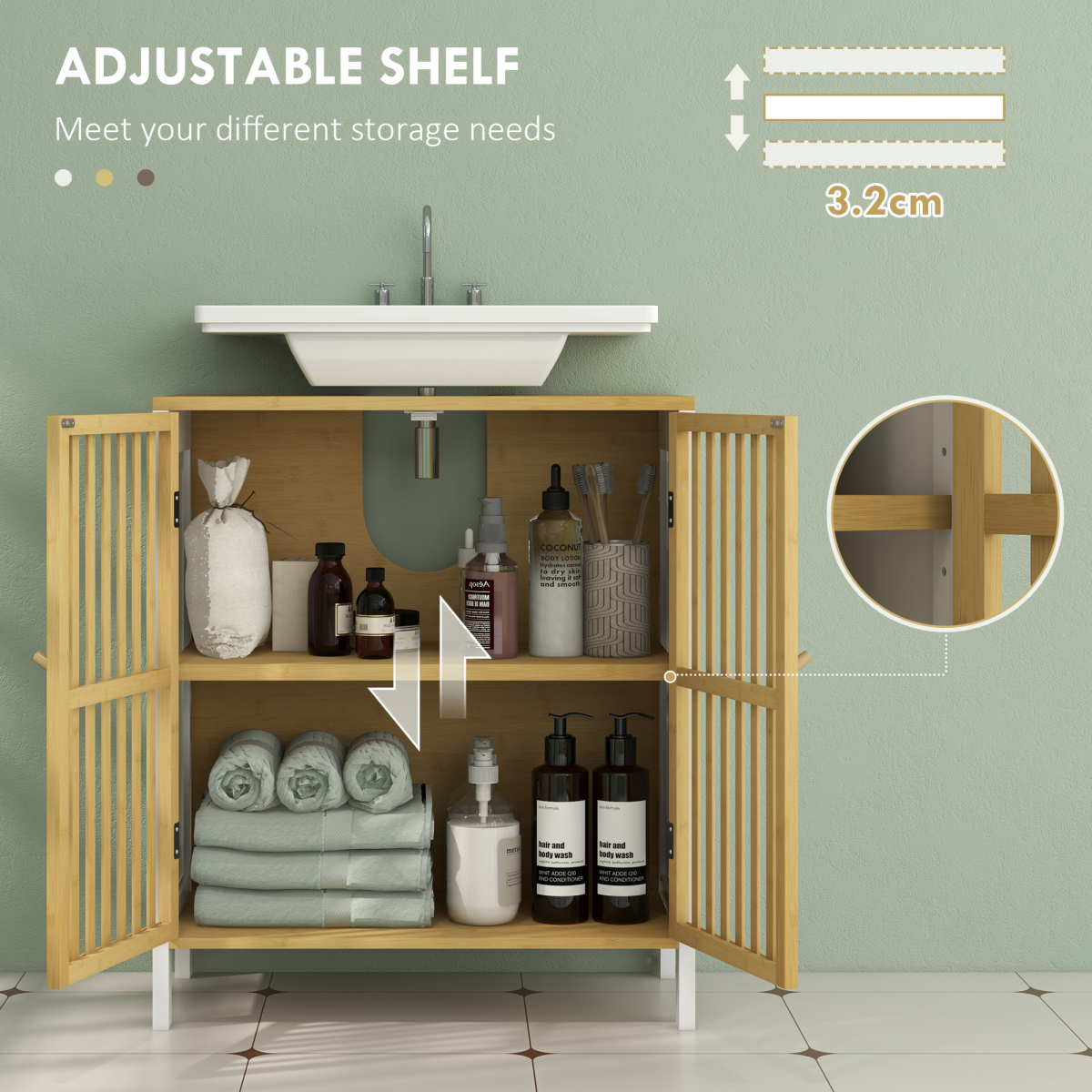HOMCOM Under Sink Bathroom Cabinet, Bamboo Sink Storage Cabinet Slat Doors