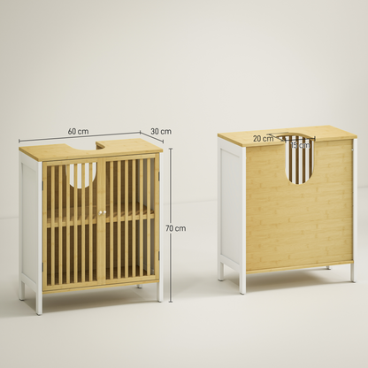 HOMCOM Under Sink Bathroom Cabinet, Bamboo Sink Storage Cabinet Slat Doors