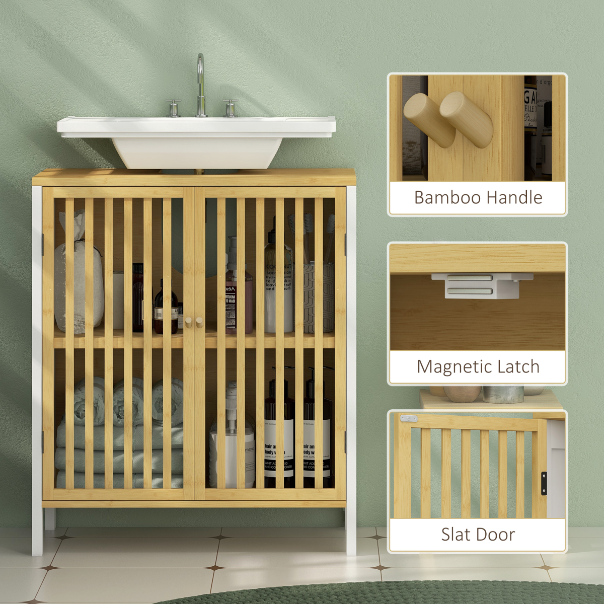 HOMCOM Under Sink Bathroom Cabinet, Bamboo Sink Storage Cabinet Slat Doors
