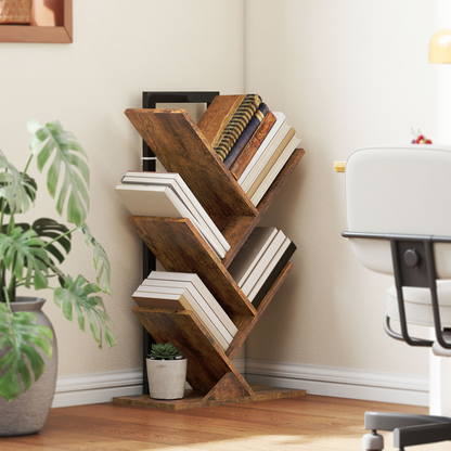 HOMCOM 5-Tier Tree Bookshelf with Steel Frame for Living Room, Rustic Brown