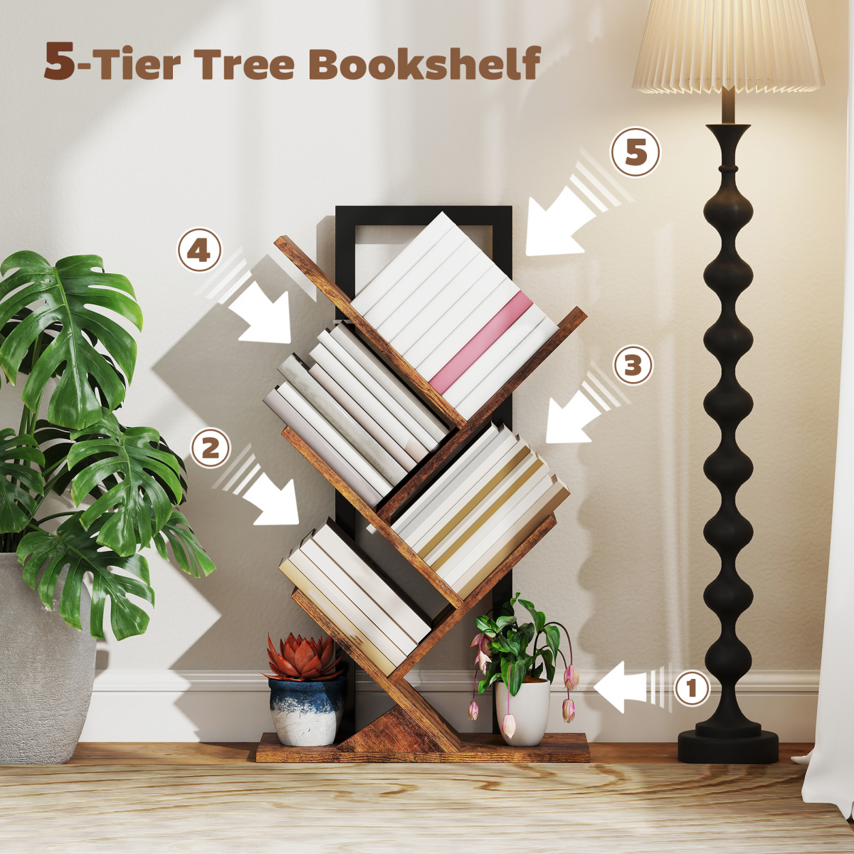 HOMCOM 5-Tier Tree Bookshelf with Steel Frame for Living Room, Rustic Brown