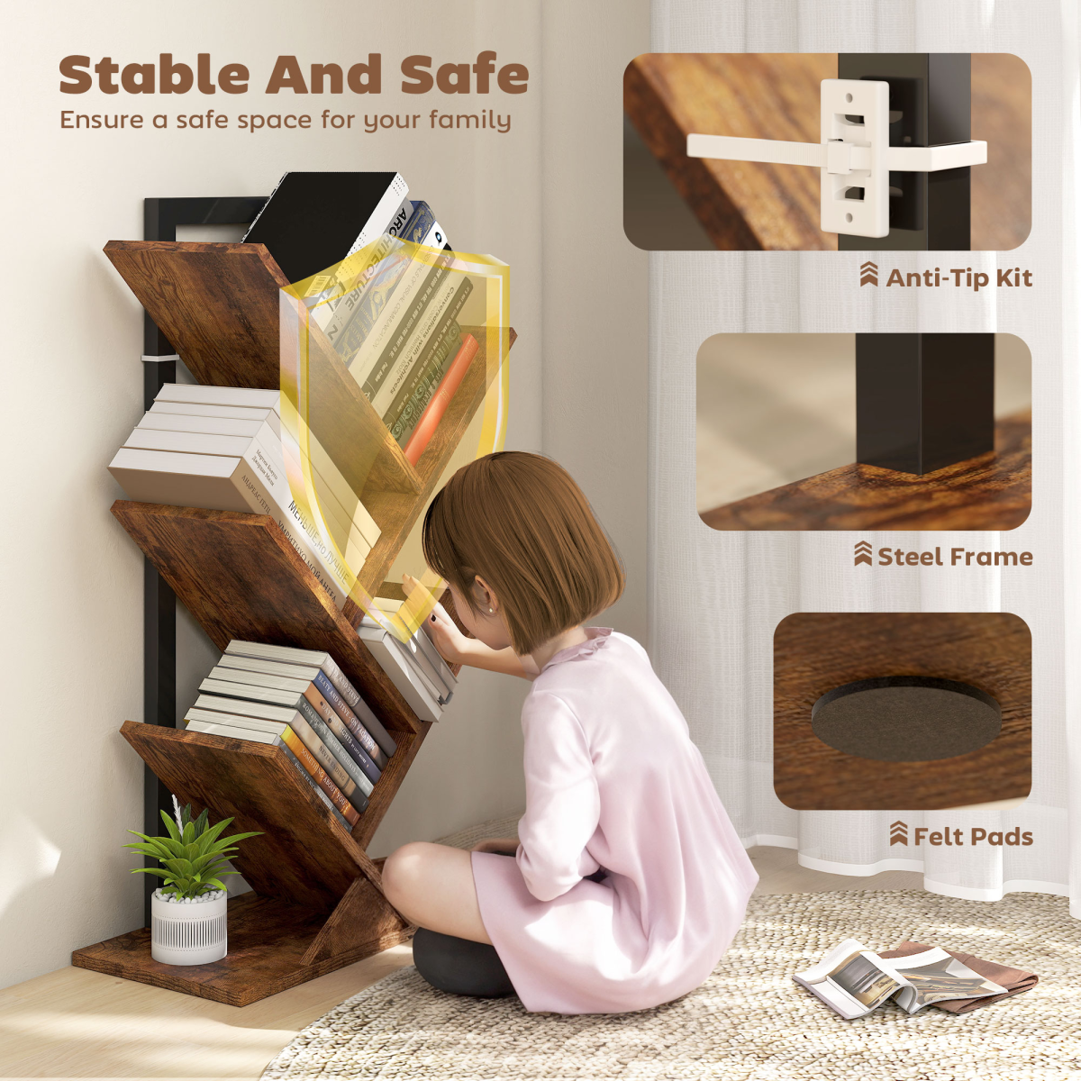 HOMCOM 5-Tier Tree Bookshelf with Steel Frame for Living Room, Rustic Brown