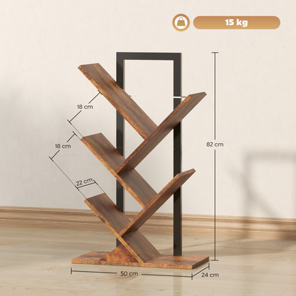 HOMCOM 5-Tier Tree Bookshelf with Steel Frame for Living Room, Rustic Brown