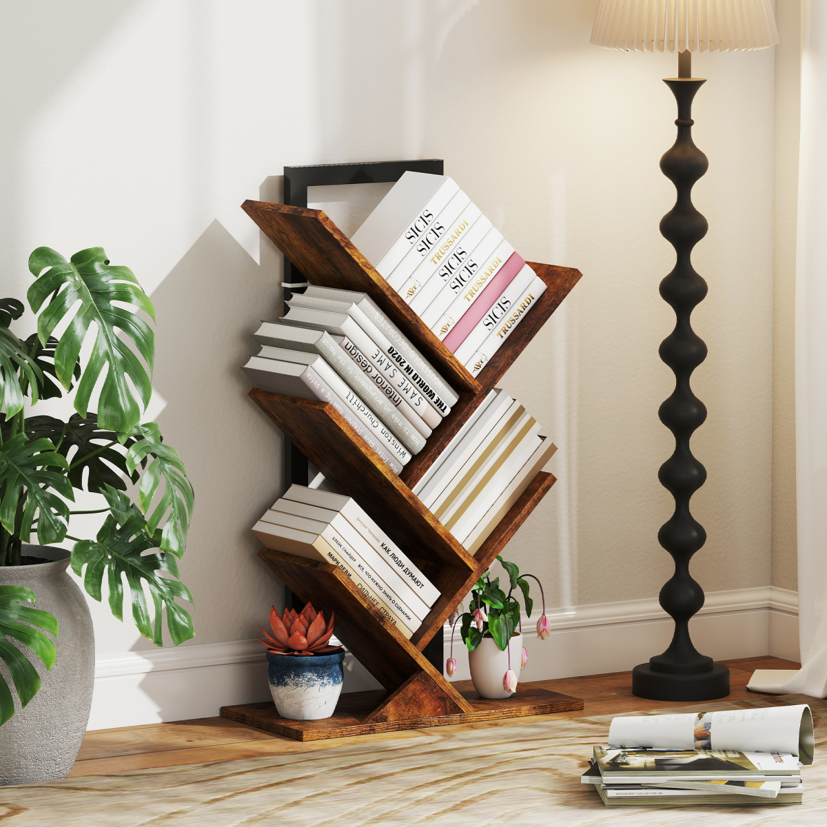 HOMCOM 5-Tier Tree Bookshelf with Steel Frame for Living Room, Rustic Brown