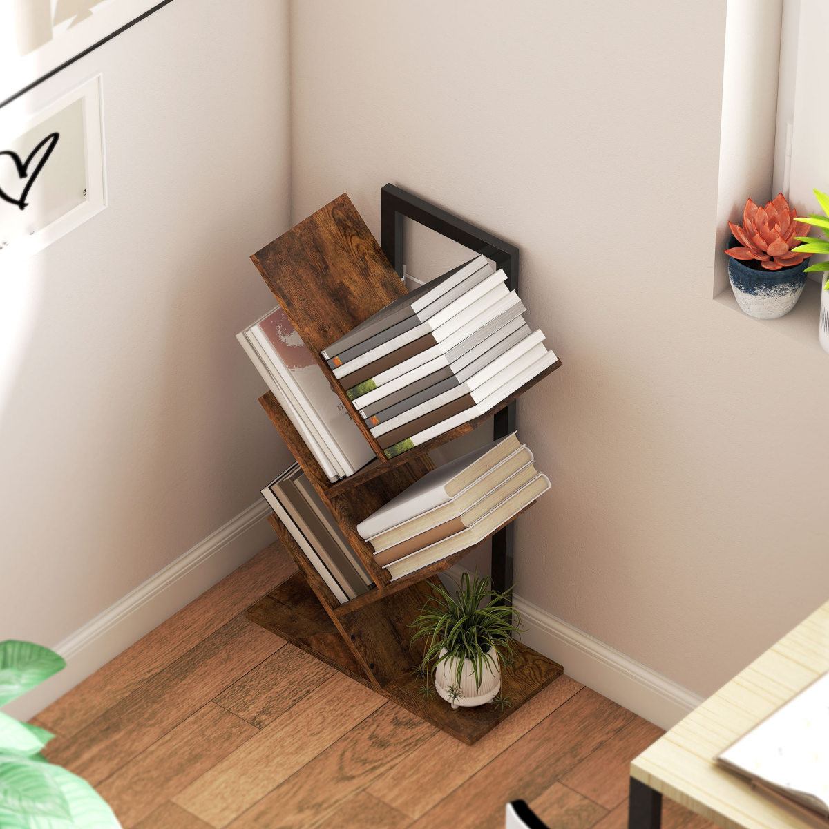 HOMCOM 5-Tier Tree Bookshelf with Steel Frame for Living Room, Rustic Brown