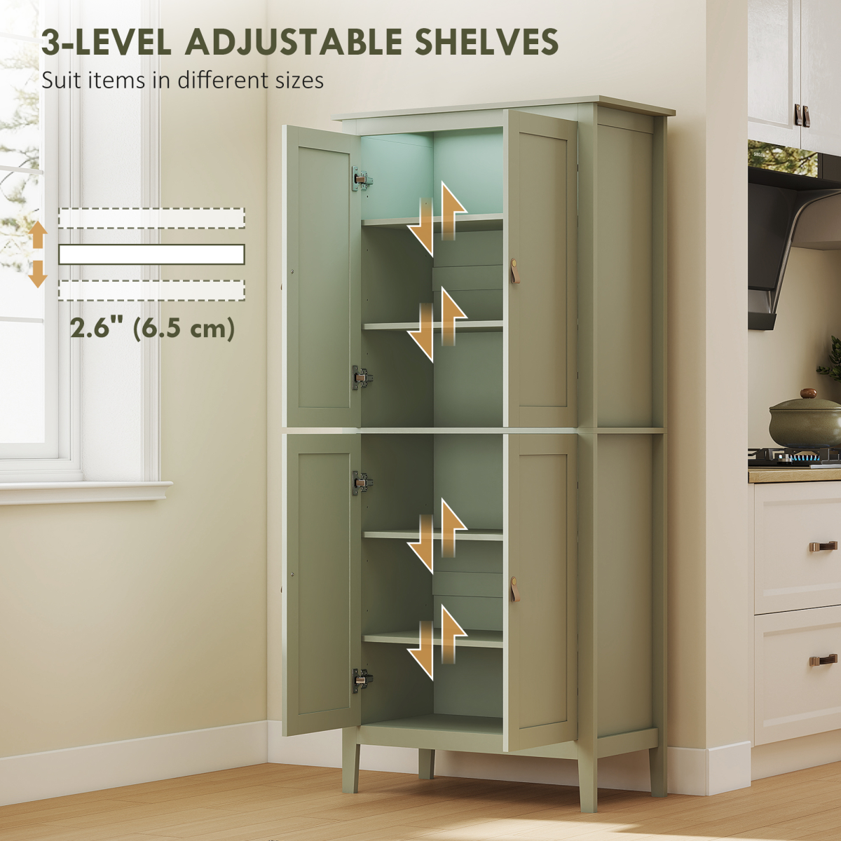 HOMCOM 176.5 cm Tall Freestanding Pantry Storage Cabinet with 4 Doors Green