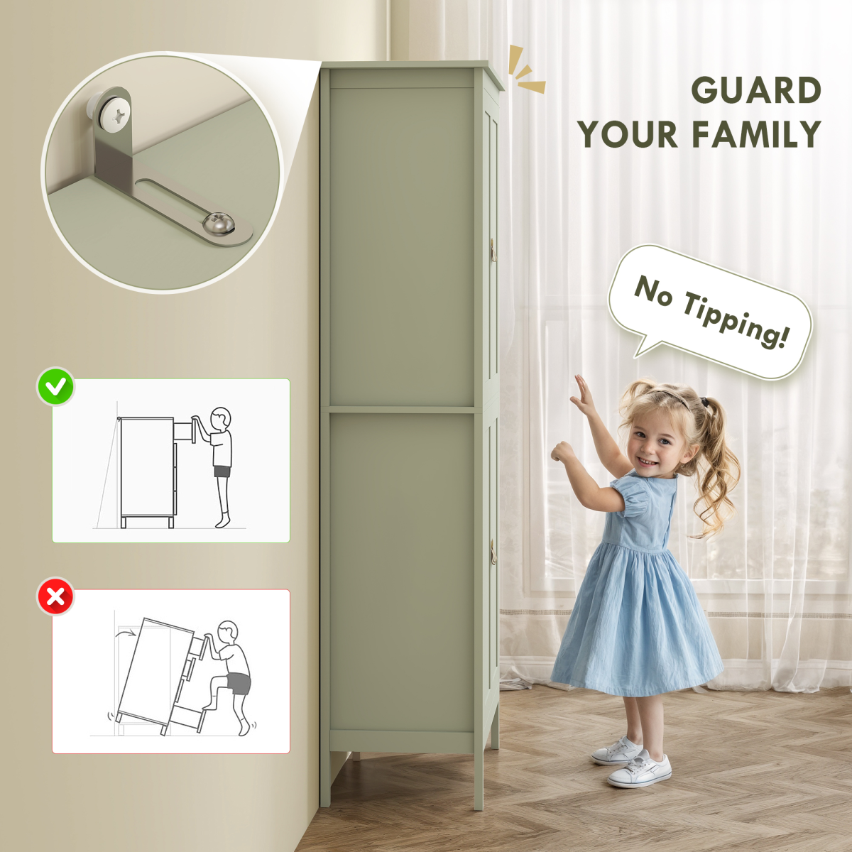 HOMCOM 176.5 cm Tall Freestanding Pantry Storage Cabinet with 4 Doors Green