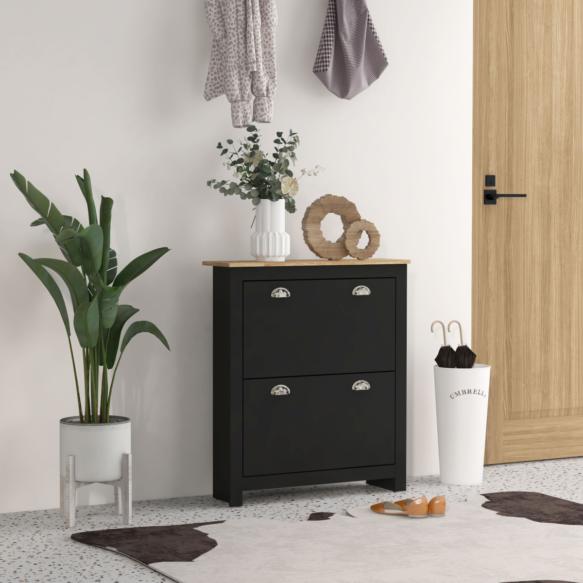 HOMCOM 2 Drawer Shoe Cabinet Narrow Shoe Cupboard with Flip Doors, Black
