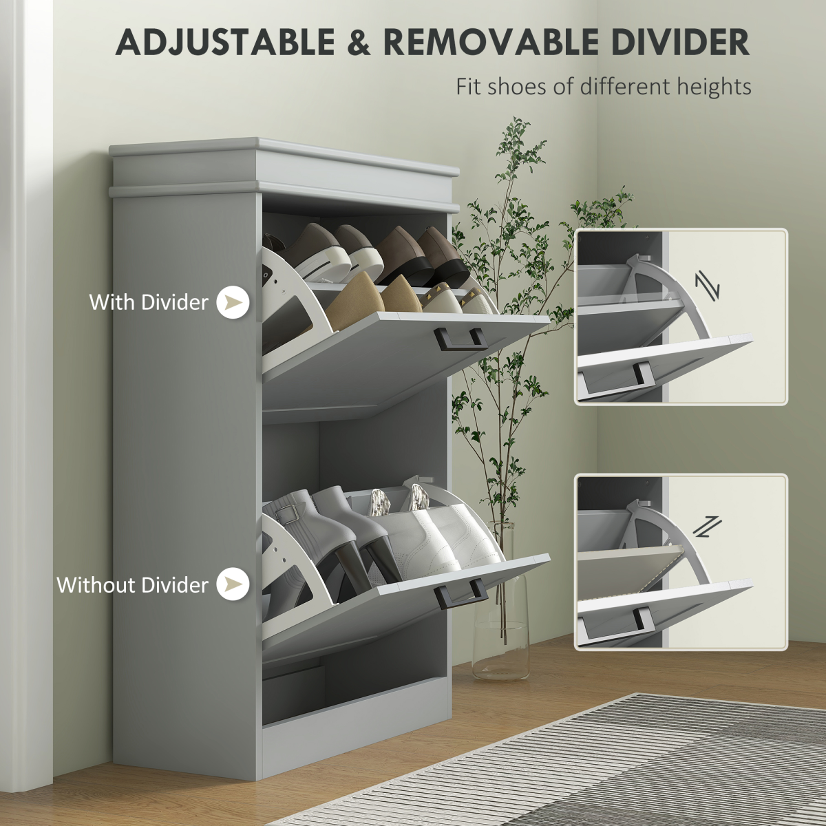 HOMCOM Slim Shoe Storage Cabinet with 2 Flip Drawers for Entryway, Grey