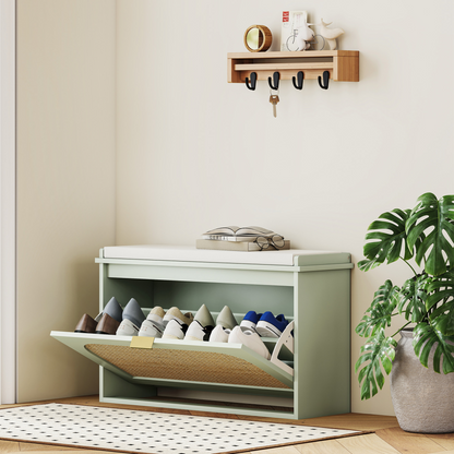 HOMCOM Boho Shoe Bench with Padded Seat and 1 or 2 Flip-Drawer, Light Green