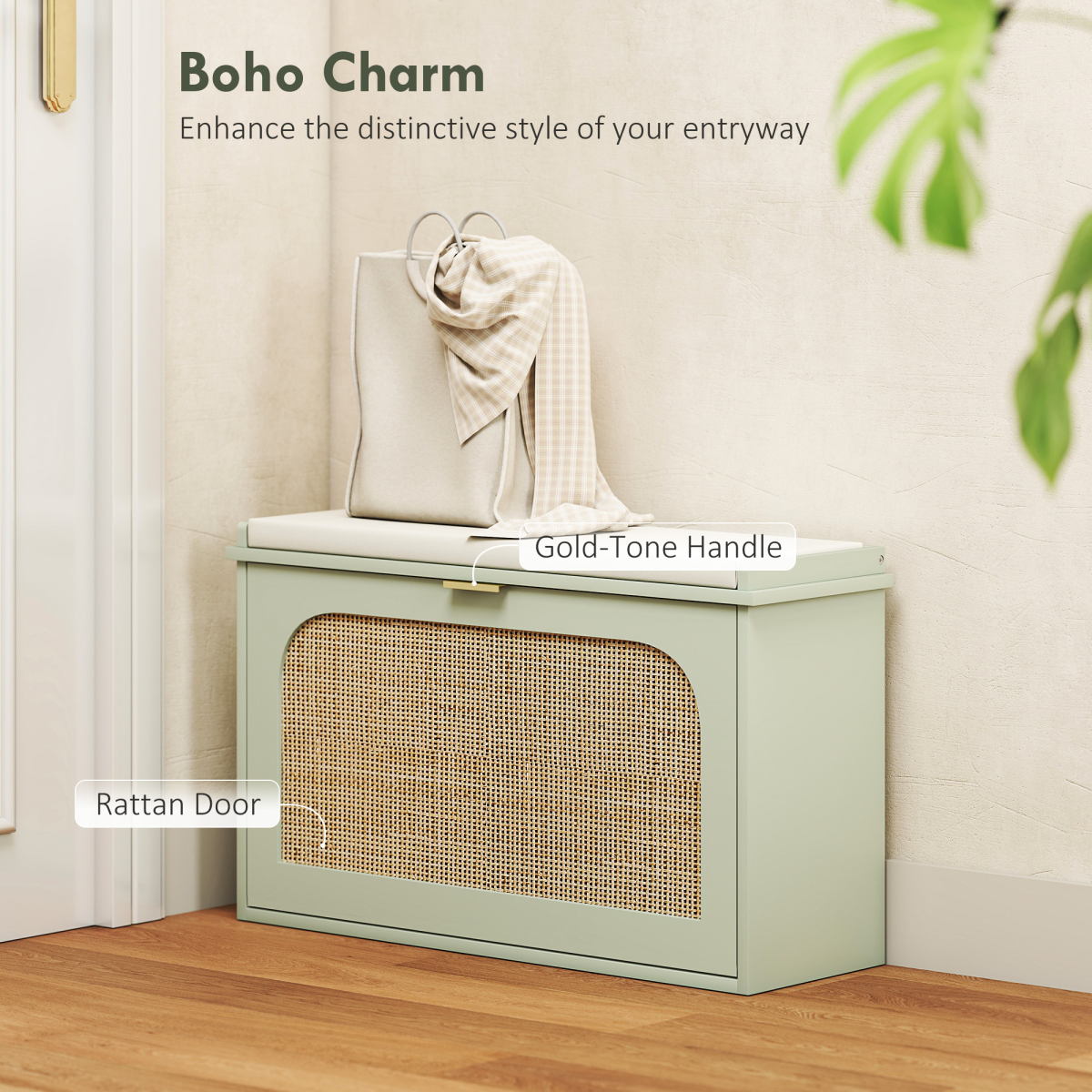 HOMCOM Boho Shoe Bench with Padded Seat and 1 or 2 Flip-Drawer, Light Green