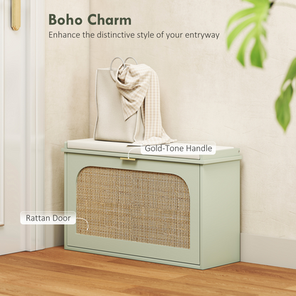 HOMCOM Boho Shoe Bench with Padded Seat and 1 or 2 Flip-Drawer, Light Green