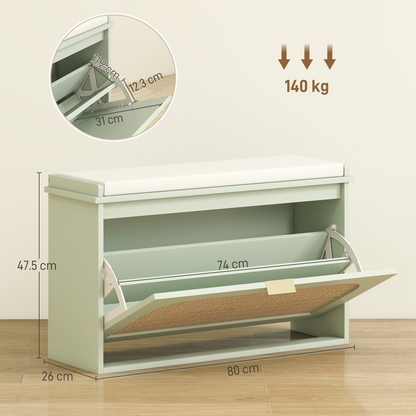 HOMCOM Boho Shoe Bench with Padded Seat and 1 or 2 Flip-Drawer, Light Green