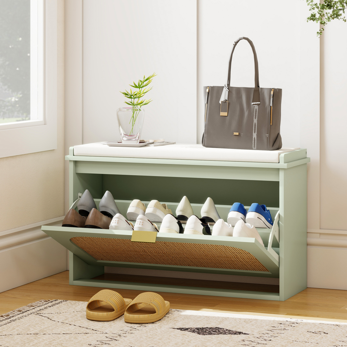 HOMCOM Boho Shoe Bench with Padded Seat and 1 or 2 Flip-Drawer, Light Green
