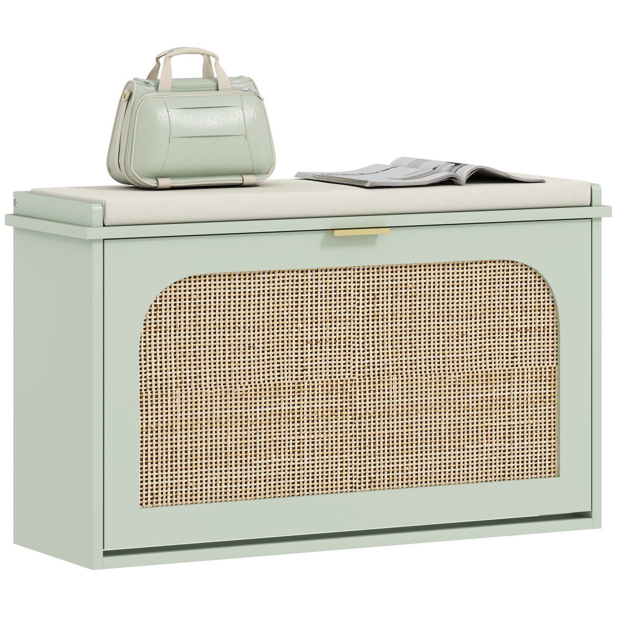 HOMCOM Boho Shoe Bench with Padded Seat and 1 or 2 Flip-Drawer, Light Green