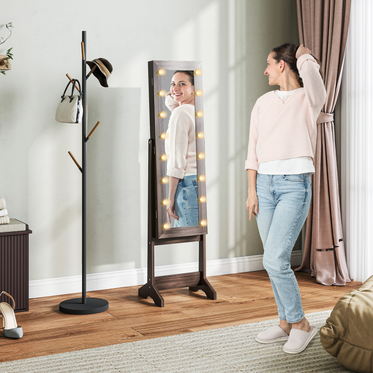 HOMCOM Freestanding LED Mirrored Jewelry Cabinet Dark Brown