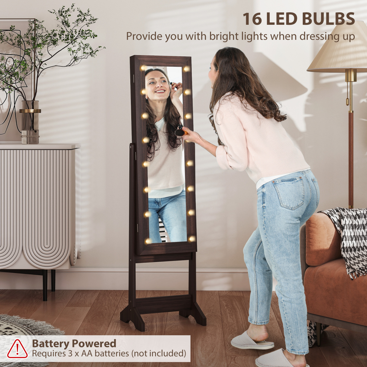 HOMCOM Freestanding LED Mirrored Jewelry Cabinet Dark Brown