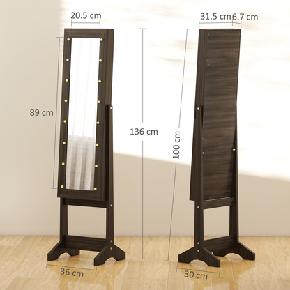 HOMCOM Freestanding LED Mirrored Jewelry Cabinet Dark Brown